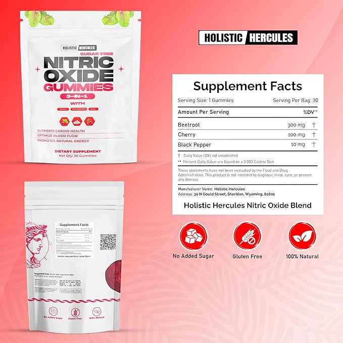 Nitric Oxide Gummies - Nitric Oxide Supplements for Men - Sugar-Free Beet Root & Cherry Chews for Energy & Circulation - Supports Heart Health & Blood Flow - Vegan, Non-GMO, 30 Count