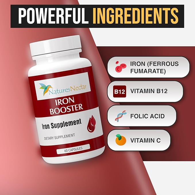 Nature's Nectar Iron Capsules for Women – Slow Release Non-Constipating Pure Iron Booster Supplement with Vitamin B-12, Folic Acid & Vitamin C – Supports Red Blood Cell Production – 60 Capsules