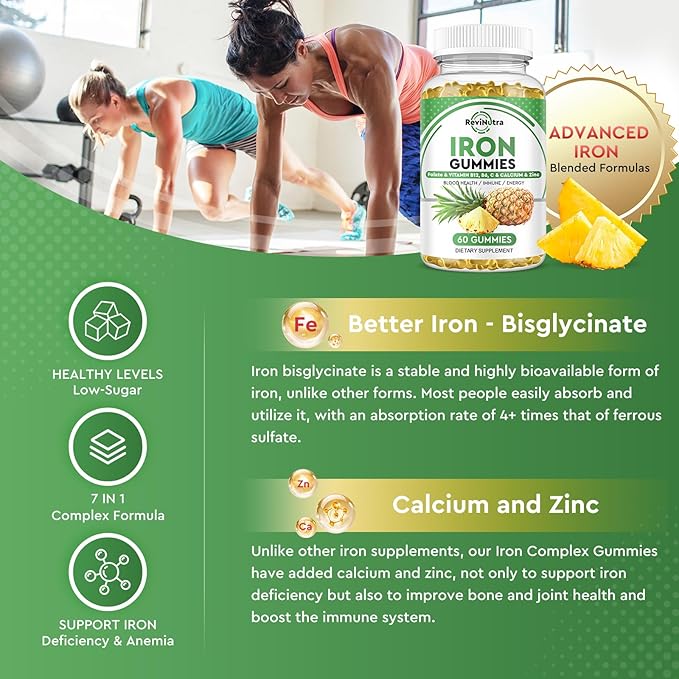 Iron Gummies with Zinc, Calcium, Vitamin C, B6 & B12 | Iron Supplement for Women, Men & Kids | Supports Anemia & Deficiency, Blood Builder & Cell Formation | Chewable Pineapple Flavor | 60 Gummies