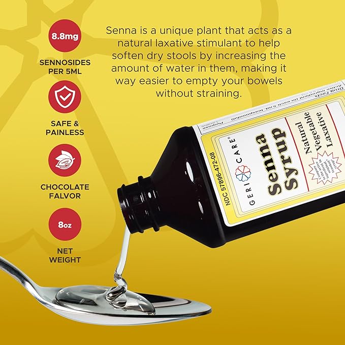 GeriCare Senna Laxative Syrup & Stool Softener, Natural Vegetable Stimulant Laxative Drink, Liquid Senna for Smooth Bowel Movement| Fast-Acting, Constipation Relief| Chocolate Flavor|8 fl oz (2 Pack)