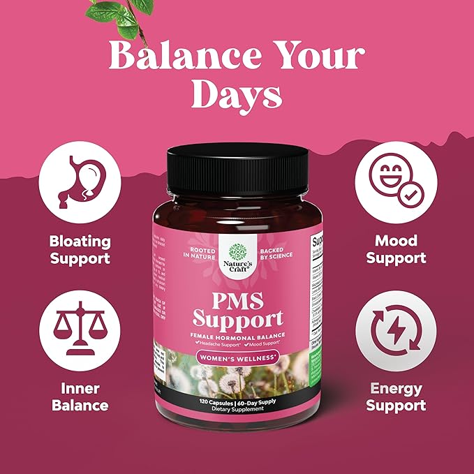 PMS Support Supplement for Women – Hormone Balance for Women & Menstrual Discomfort with DIM, Chasteberry, Black Cohosh & Ashwagandha - for Period Cramps Ease, Menopause Bloating, Mood Swing – 120 Ct
