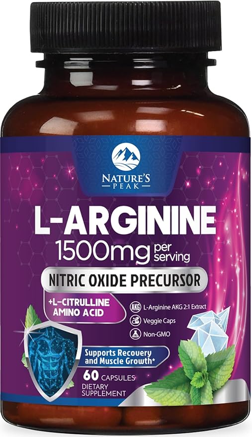 L-Arginine 1000mg Supplement Supports Heart Health - Premium Muscle Supporting Nitric Booster for Strength & Energy to Train Harder - Nature's Non-GMO, Gluten-Free Amino Acid Blend - 60 Capsules