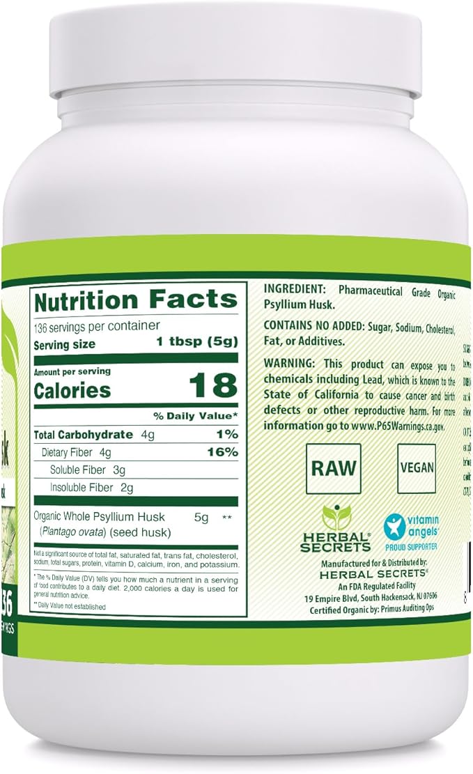 Herbal Secrets Whole Psyllium Husk Powder Supplement | 5 Grams per Serving | Non-GMO | Gluten-Free | Made in USA (24 Oz, Unflavored)