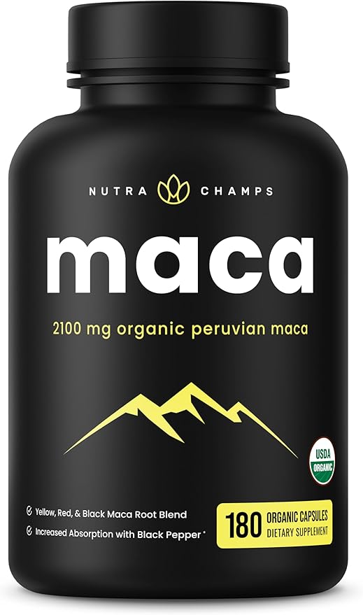 NutraChamps USDA Organic Maca Root Capsules for Women & Men, 2100mg, 180 Capsules, Black, Red & Yellow Peruvian Gelatinized, Highest Potency Maca Root Powder Supplement