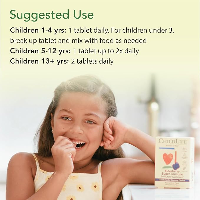 CHILDLIFE ESSENTIALS Elderberry Super-Immune SoftChew Gummies for Kids - Immune Support with Vitamin C & Vitamin D3, Elderberry Immune Supplement for Babies, Toddlers & Children - Berry, 27 Softchews
