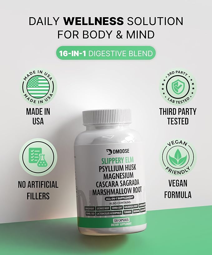 16 in 1 Slippery Elm Bark Supplement for Women & Men - Probiotic, Psyllium Husk, Cascara, Magnesium & Marshmallow Root Complex for Digestive Health & Leaky Gut Wellness - DGL Licorice Extract Capsules