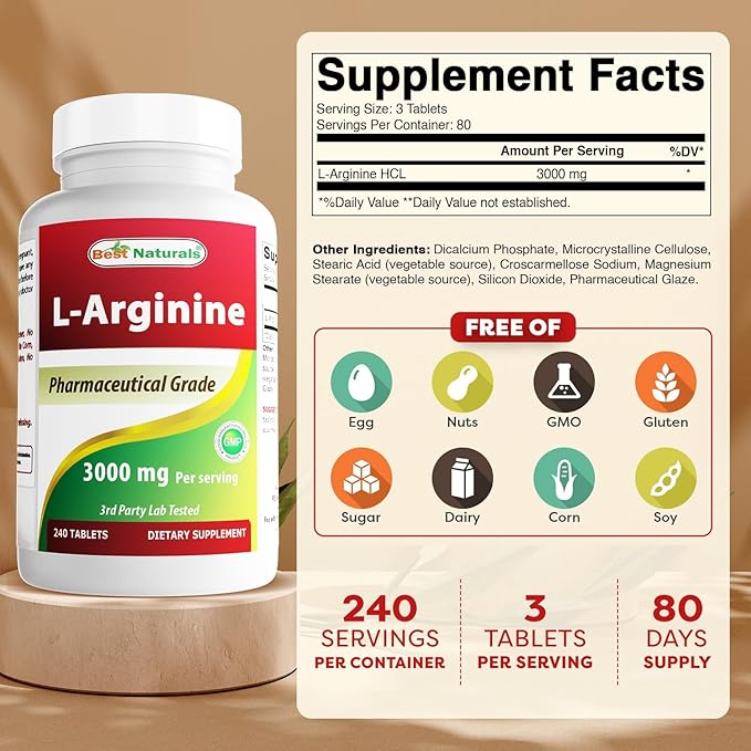 Best Naturals L-Arginine 3000mg Per Serving - 240 Tablets - Pharmaceutical Grade - Non-GMO & Gluten Free - Made in The USA