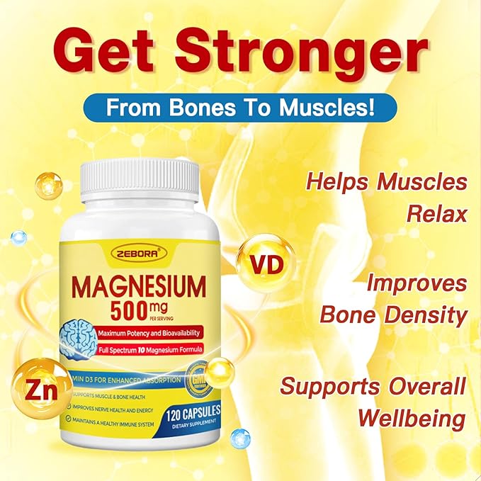 10-in-1 Magnesium Complex Supplement, Magnesium Glycinate 500mg with Citrate & Malate, Chelated High Absorption Plus Vitamin D3 & Zinc - for Nerve, Muscle & Bone Support - 120 Capsules
