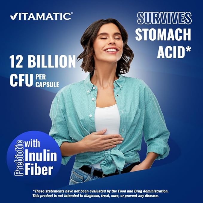 Vitamatic Lactobacillus Gasseri - 12 Billion per DR Capsule - 60 Count - Digestive Support - Made with Prebiotic Inulin Fiber
