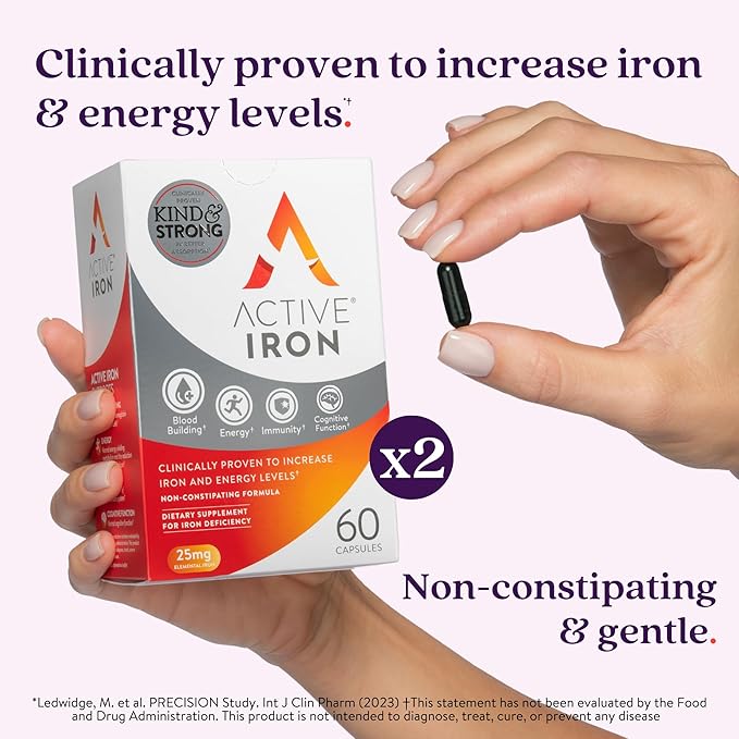 Active Iron Supplement, 25mg (60 Capsules, 2 Pack) Non-Constipating and Gentle for Women & Men, Highly Absorbed, Clinically Proven to Increase Iron & Energy Levels