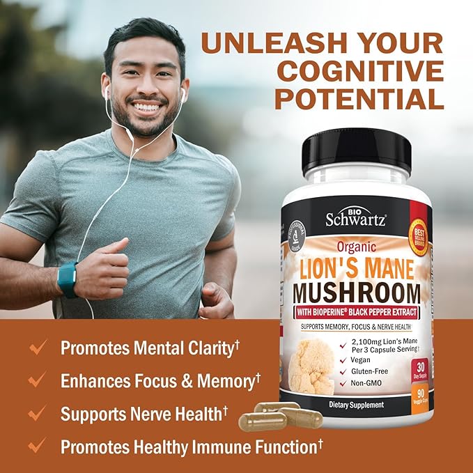 BioSchwartz Organic Lions Mane Supplement Capsules (90 Count) 2100mg Lions Mane Mushrooms with BioPerine for Max Absorption, Active Compound Verified, Nootropic Brain Supplements for Memory and Focus