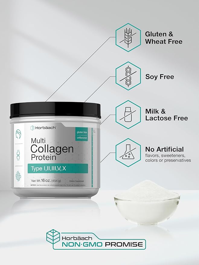 Horbäach Multi Collagen Protein Powder 16 oz | Type I, II, III, V, X | Unflavored | for Men and Women | Non-GMO, Gluten Free Supplement
