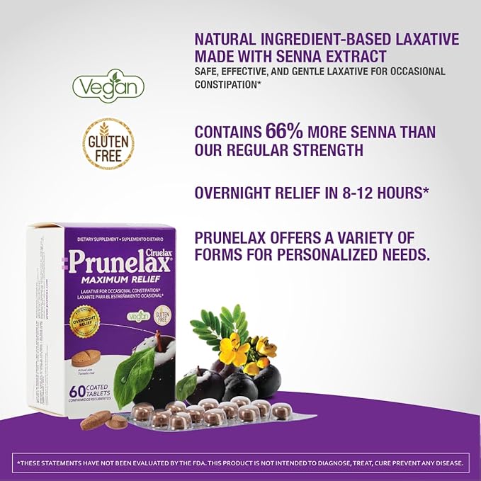 Prunelax Ciruelax Maximum Relief Laxative Tablets with Natural Senna for Occasional Constipation, Senna Extract, Vegan & Gluten-Free, Gentle Overnight Relief - 60ct (Pack of 5)