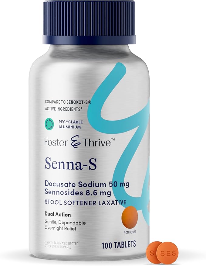Foster & Thrive Sennosides 8.6 mg Docusate Sodium 50 mg Senna Laxative, Natural Vegetable Ingredients, Overnight Bowel Relief and Stool Softener for Constipation, Bloating, Comparable to Senokot
