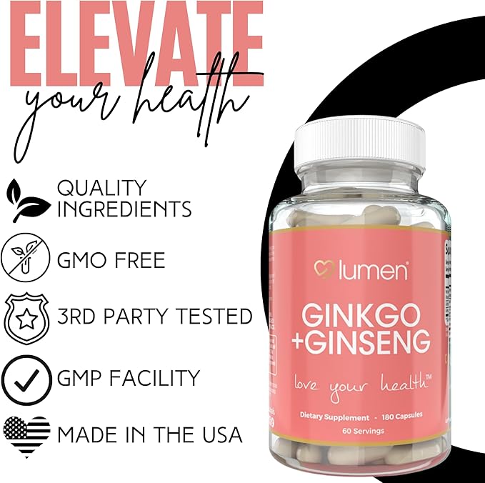 Ginkgo + Ginseng for Women – with Red Asian Ginseng Extract & Ginkgo Powder – 180 Veggie Capsules – 60 Servings – Non-GMO, Vegan & Gluten-Free (180 Count (Pack of 1))