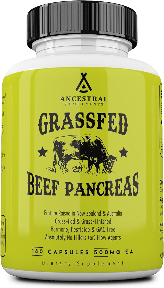 Ancestral Supplements Grass Fed Beef Pancreas Supplement, 500mg, Pancreatic Support with Proteolytic Digestive Enzymes for Digestion Support, Including Trypsin, Non GMO, 180 Capsules