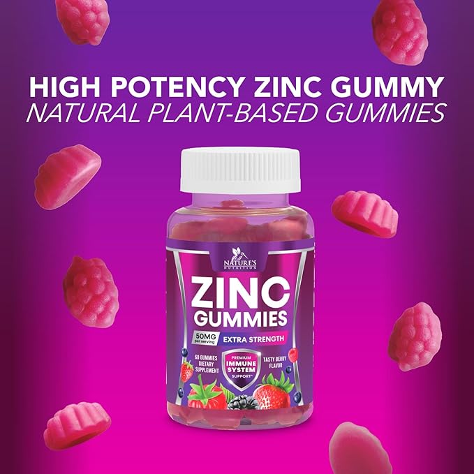 Zinc Gummies 50mg - Bone Skin & Immune Support Health Gummy & Premium Antioxidant Chewable for Adults - High Absorption Vegan, Gluten Free Zinc Supplements Vitamin - Tasty Berry Flavor - 60 Gummies