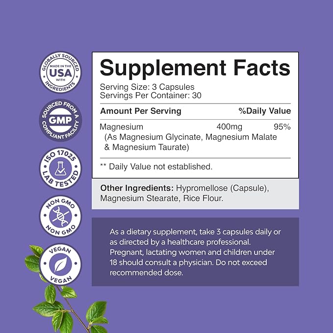 Triple Magnesium Complex Supplement Elemental - High Absorption Magnesium Taurate and Glycinate Plus Malate Blend for Sleep Muscle Bone Mood and More - Non GMO Vegan 90CT