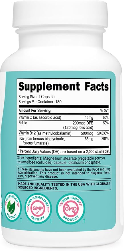Nutricost Iron for Women 65mg, 180 Capsules, with Vitamin C, Folate, & Vitamin B12 - Vegetarian Friendly, Non-GMO, Gluten Free