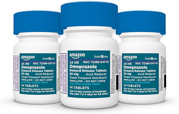 Amazon Basic Care Omeprazole Delayed Release Tablets 20 mg, Cool Mint, Acid Reducer, Treats Frequent Heartburn, 42 Count