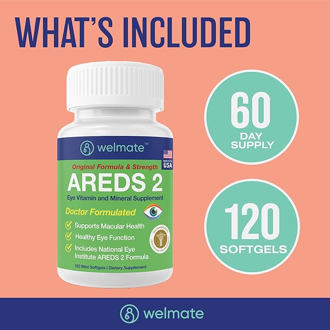 WELMATE - AREDS 2 (60 Servings) - Eye Vitamin and Mineral Supplement - Vitamin C, Zinc, Lutein, Zeaxanthin - Macular Health - Doctor Formulated & Tested - Eye Care - Gluten Free - 120 Mini Softgels
