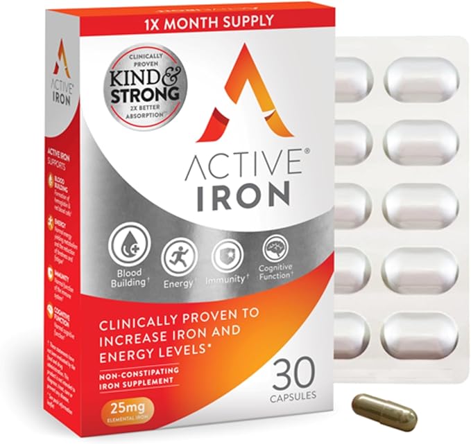 Active Iron Supplement, 25mg (30 Capsules) Non-Constipating and Gentle for Women & Men, Highly Absorbed, Clinically Proven to Increase Iron & Energy Levels