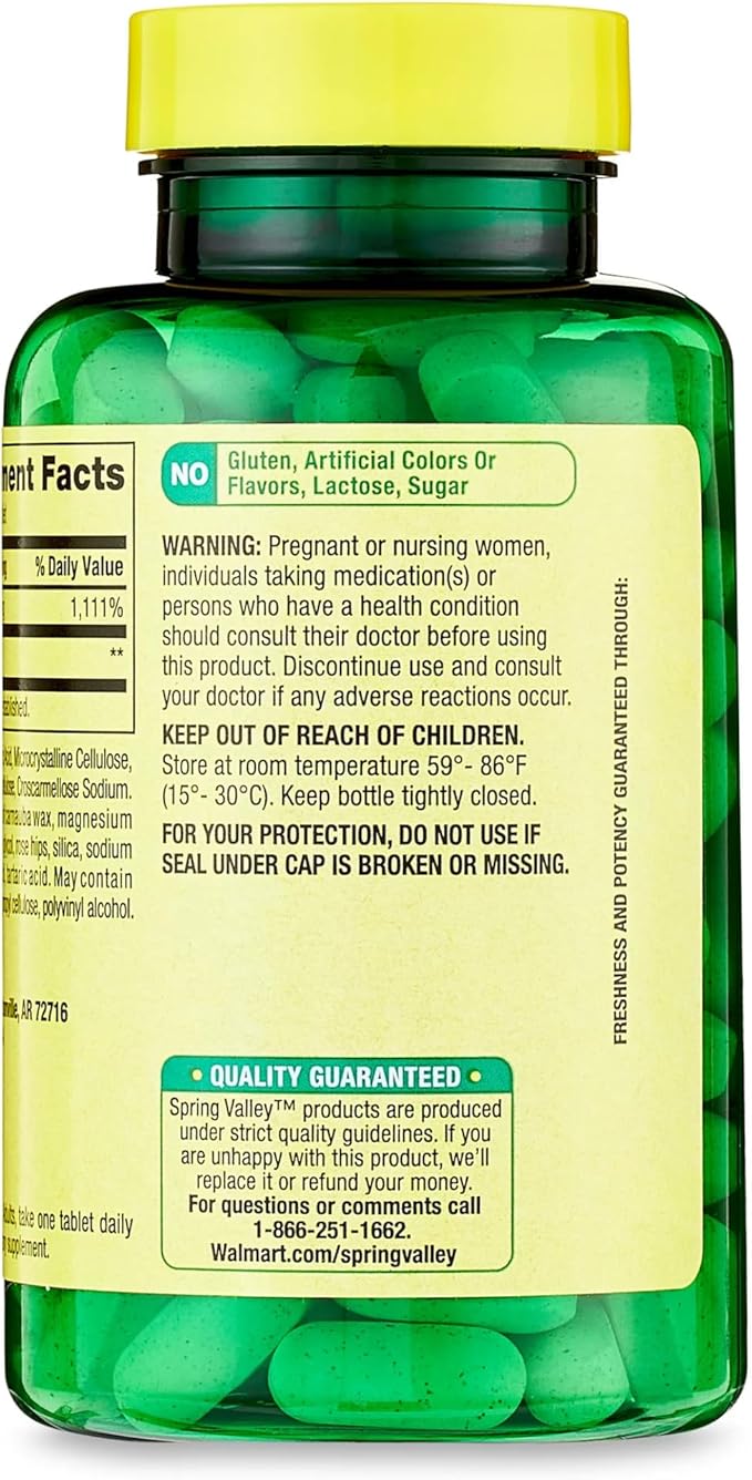 Spring Valley Vitamin C 1000mg with Rose HIPS Tablets Dietary Supplement, 500 Count, Antioxidant Protection* (Pack of 1)