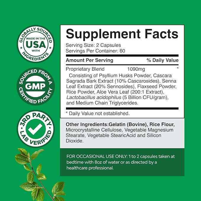 Herbal Laxative Capsules with Probiotics – Gentle Laxative for Women and Men with Senna Leaf Psyllium Husk and Cascara Sagrada - Senna Pills for Colon Cleanse and Detox Support (60 Servings)