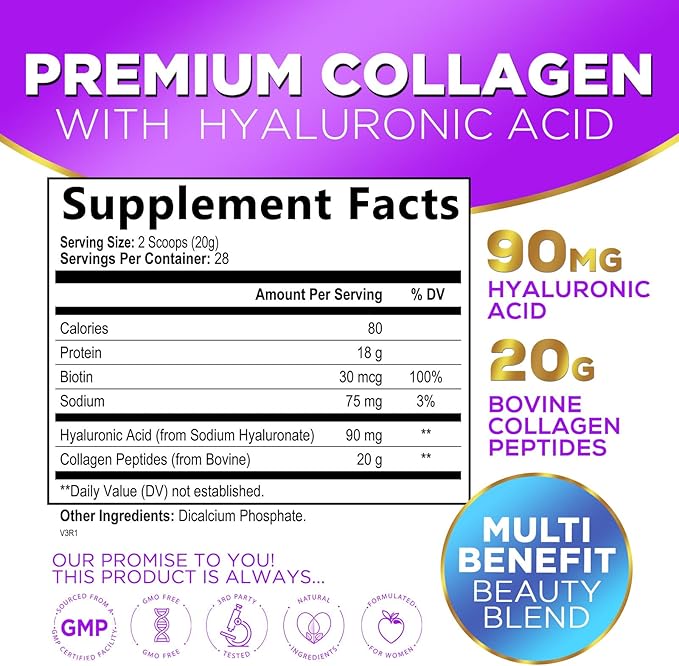 Collagen Peptides Powder - Unflavored Grass Fed Collagen Powder Type I & III Collagen Supplements with Hyaluronic Acid & Biotin - Women's Hair, Nail, Skin, Bones & Joint Health Support - 28 Servings