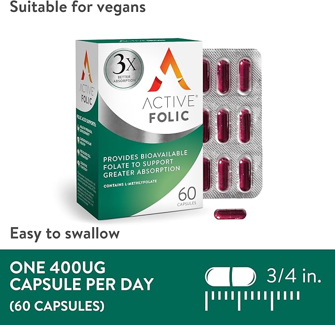 Active Folic 400mcg, Folic Acid Supplement for Pregnancy, 60 Capsules, Helps Fight Tiredness, Fatigue, Highly Absorbed, L-Methylfolate, Vegan, 2 Month Supply