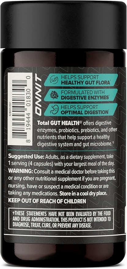 ONNIT Total Gut Health Daily Digestive Support, Complete Digestion Supplement for Women and Men with 7 Strains of Probiotics, Prebiotics, Enzymes and Betaine HCL, 60 Count