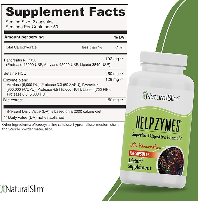 NaturalSlim Digestive Enzymes for Women & Men - Helpzymes Essential Enzymes for Digestion, Gut Health, Gas Bloating Relief with Bromelain, Ox Bile, Pancreatin. & Betaine HCL - 100 Capsules Solo