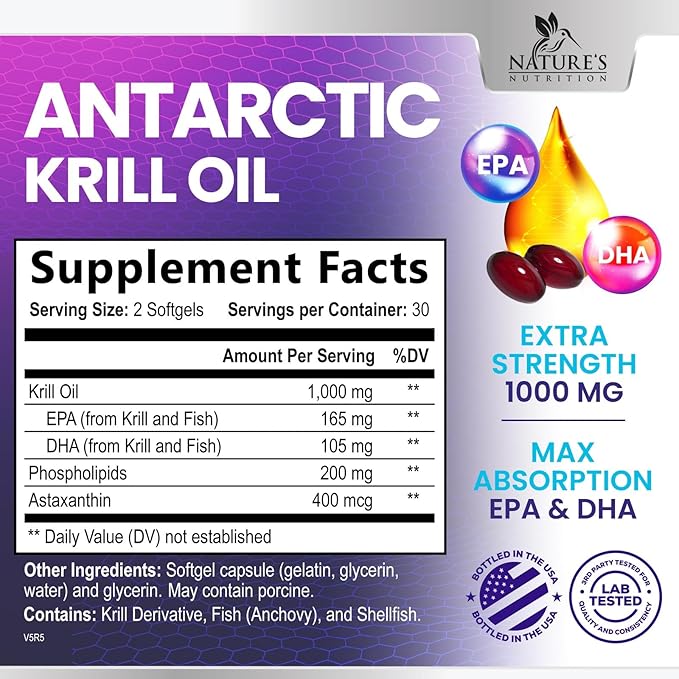 Krill Oil Omega 3 Supplement 1000 mg - Antarctic Krill Oil with Omega-3 EPA, DHA with Astaxanthin Sourced from Red Krill, Brain Health & Immune Support with Phospholipids - 30 Servings, 60 Softgels