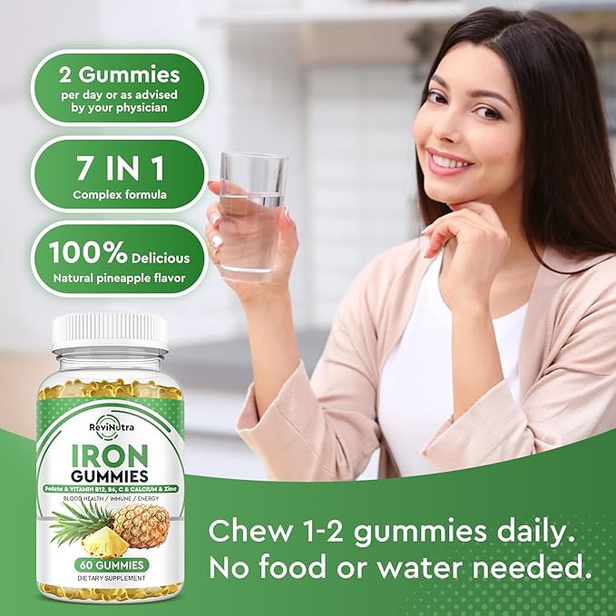 Iron Gummies with Zinc, Calcium, Vitamin C, B6 & B12 | Iron Supplement for Women, Men & Kids | Supports Anemia & Deficiency, Blood Builder & Cell Formation | Chewable Pineapple Flavor | 60 Gummies