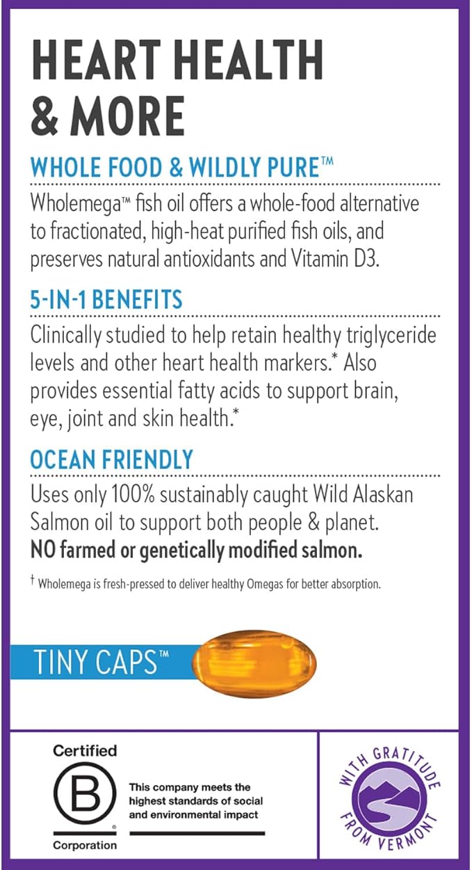 New Chapter Wholemega Fish Oil Supplement - Wild Alaskan Salmon Oil with Omega-3 + Vitamin D3 + Astaxanthin + Sustainably Caught - 180 ct Tiny Caps, 500mg Softgels