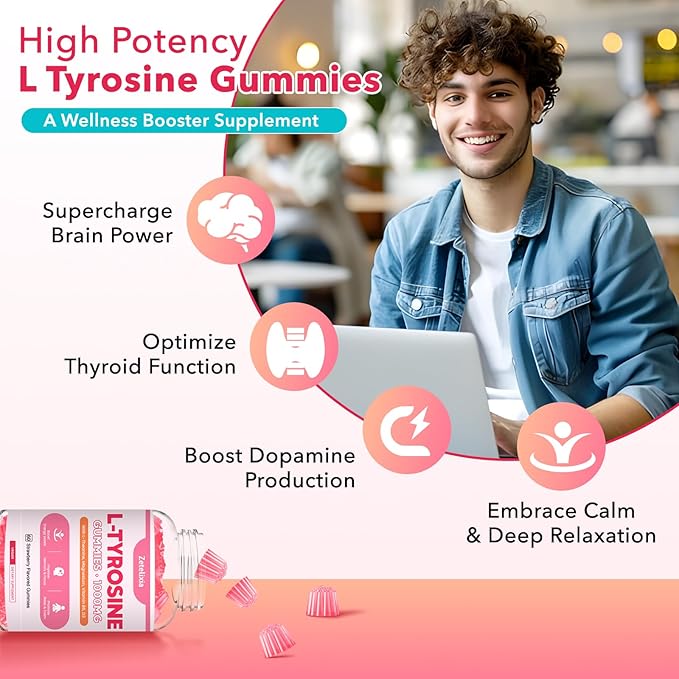 L Tyrosine Gummies, L-Tyrosine Supplement Gummies, L-Theanine Gummies with Vitamin B6 D3, Focus Gummies Support Brain, Memory, Energy, Mood for Adult & Kids, Strawberry Flavor, 60 Count