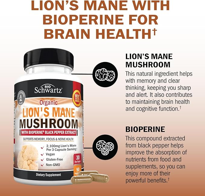 BioSchwartz Organic Lions Mane Supplement Capsules (90 Count) 2100mg Lions Mane Mushrooms with BioPerine for Max Absorption, Active Compound Verified, Nootropic Brain Supplements for Memory and Focus