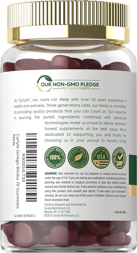 Carlyle Ginkgo Biloba 300mg | 70 Gummies | 45:1 Leaf Extract | with Peach Raspberry Flavor | Vegan, Non-GMO, Gluten Free Supplement