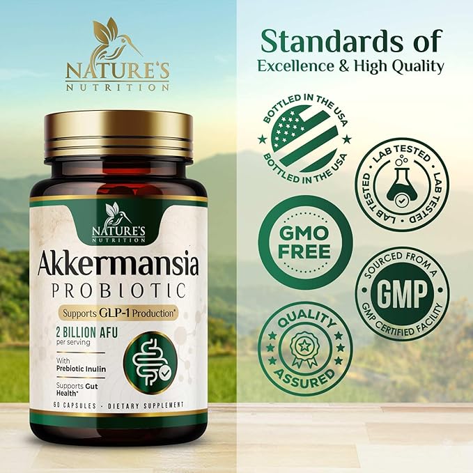 GLP-1 Akkermansia Probiotic Supplement for Women & Men, Akkermansia Muciniphila GLP 1 Probiotics with Prebiotic, 2 Billion AFU, Natural Digestive, Gut Health, & GLP 1 Production Support, 60 Capsules