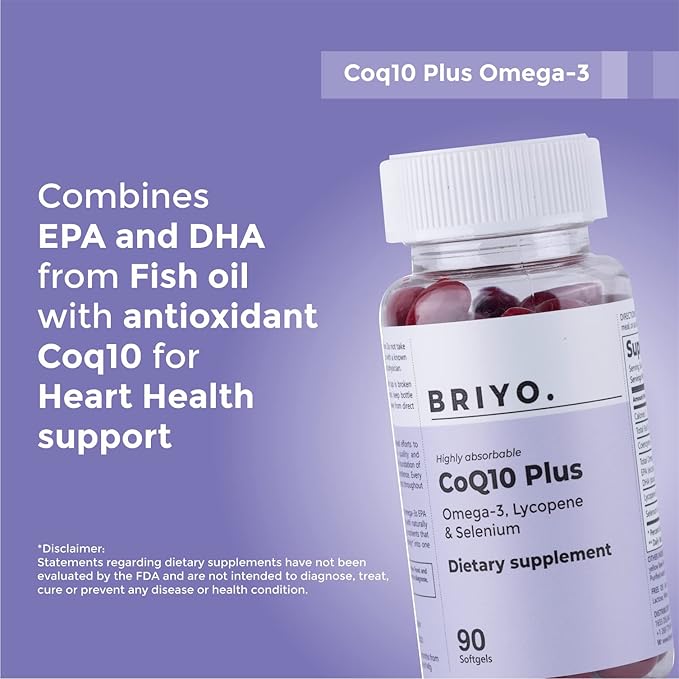 Briyo Highly absorbable CoQ10 100 mg Plus Omega-3 with Natural Form of Lycopene and Selenium, Heart Health Supplement (90 softgels)