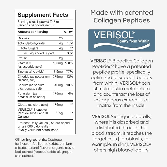 Hydralyte Verisol Collagen Packets with Electrolytes, Hydration Packets with Collagen for Women and Men, Electrolytes Powder with Collagen for Travel and Daily Hydration with Vitamin C (30 Count)