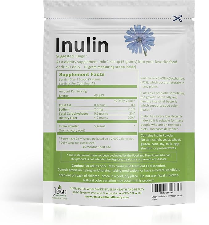 Jetsu Inulin Powder Organic Chicory Root (FOS) - Soluble Inulin Fiber Prebiotic Intestinal Support, Enhances Calcium Absorption, Stimulates Friendly Bacteria, Promotes Prebiotic Growth, 8oz
