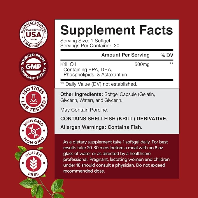 Krill Omega 3 Fish Oil Softgels 500mg - Concentrated Krill EPA & DHA Fish Oil Omega 3 Supplement for Women & Men for Immune Support, Brain & Heart Health - Burpless Fatty Acids Supplement - 30 Count