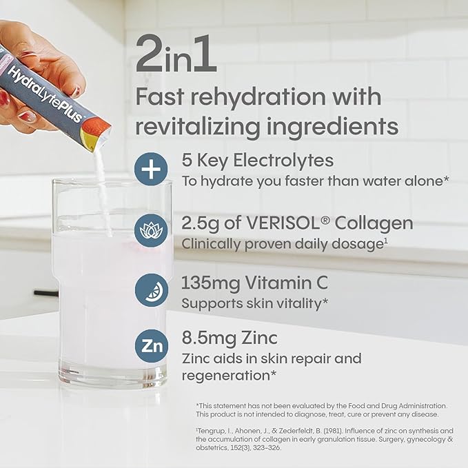Hydralyte Verisol Collagen Packets with Electrolytes, Hydration Packets with Collagen for Women and Men, Electrolytes Powder with Collagen for Travel and Daily Hydration with Vitamin C (30 Count)