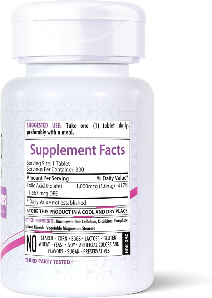 Folic Acid 1000mcg | 300 Veg Tablets | Vitamin B9 | Gluten-Free | Non-GMO | Made in USA