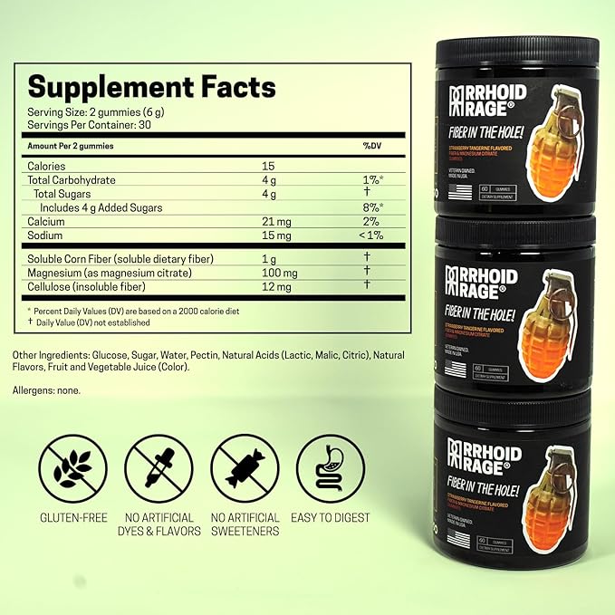 Fiber and Magnesium Gummies, Supports Digestive Health, Relieves Constipation, Helps Prevent Hemorrhoids, Has Both Soluble and Insoluble Fiber, Made in USA, 60 ct (3)