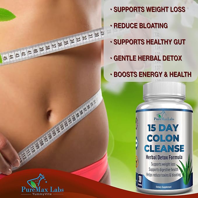 15 Day Colon Cleanse and Detox, Herbal Detox Formula, Supports Weight Loss, Constipation Relief - Boosts Energy. Flush Toxins, Natural Safe Colon Cleanser for Men and Women - 30 Capsules