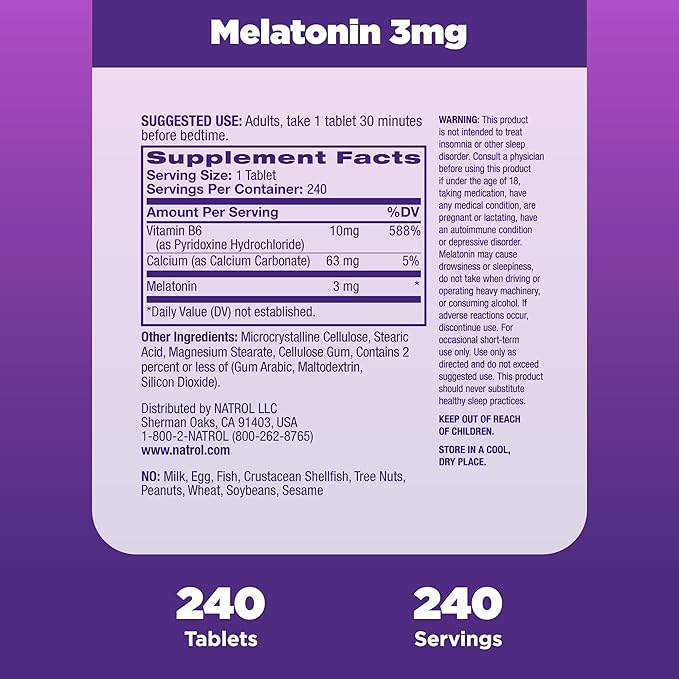 Natrol Melatonin 3 mg, Dietary Supplement for Restful Sleep, Sleep Supplements for Adults, 240 Melatonin Tablets, 240 Day Supply