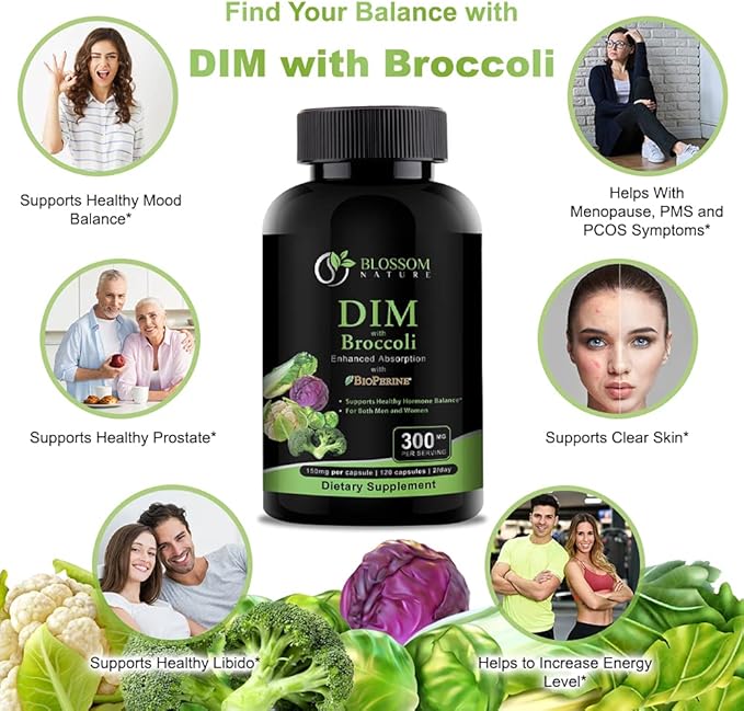 DIM Supplement 300mg with Broccoli 200mg BioPerine 10mg-Hormone and Estrogen Balance for Women & Men,Menopause Relief,PCOS & PMS Support,Hormonal Acne Treatment-120 Caps,Diindolylmethane 150mg per Cap