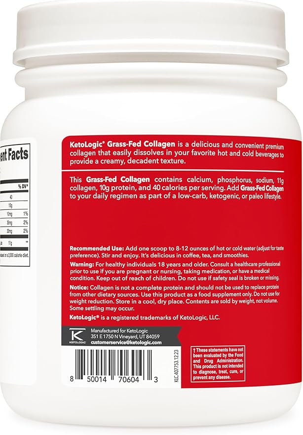 Ketologic Grass Fed Collagen Hydrolysate Powder (Unflavored) (1 LB) - 41 Servings, 11 G Collagen Per Serving, 10 G Protein Per Serving - Grass-fed Collagen Peptides